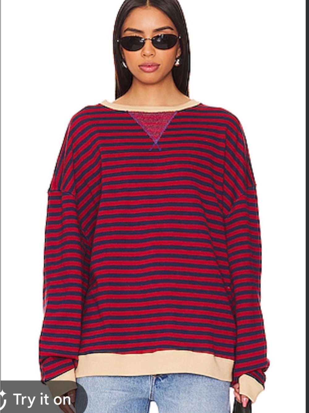 We The Free Red and Navy Striped Crewneck Sweatshirt w/ Tan Accents